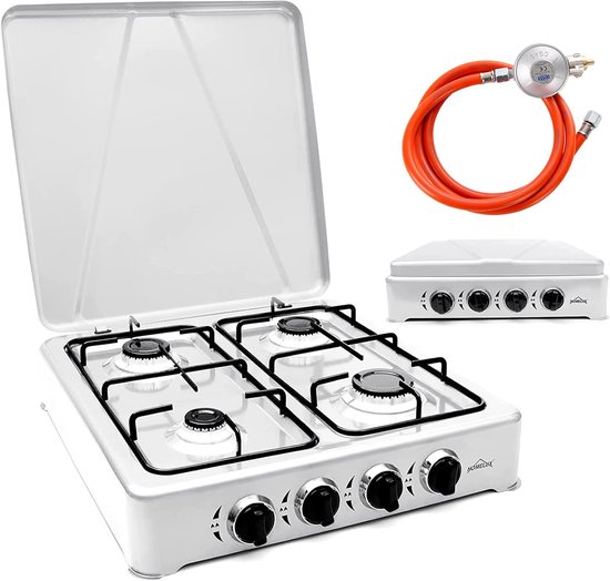 IBBO® - Homelux - Gas kooktoestel 4 pits - Campingkooktoestel - Gaskookplaat - incl. 1.5 m Gasslang en drukregelaar - drukregelaar 50 mbar - Wit van IBBO