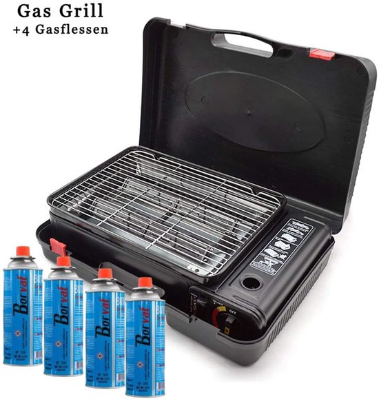 IBBO® - Party Grill - Camping gasbarbecue - Draagbare gasbarbecue -incl 4 gasflessen - Dual fuel camping stov - Butaan gasstel - Outdoor kooktoestel