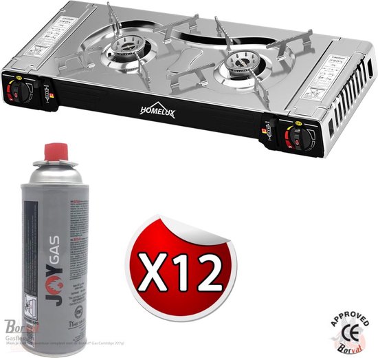 IBBO Shop - Camping Kookstel 2 Pits - Kooktoestel - Kampeer kookstel - Gasstel - Kookplaat - Elektronische ontsteking - 2 Pits - Twee pits gasfornuis - RVS - Zilver - Inclusief 12 Gasflessen Gratis