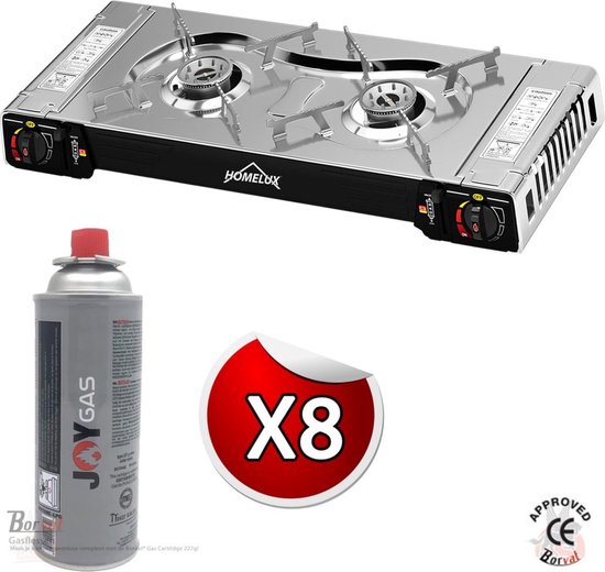 IBBO Shop - Camping Kookstel 2 Pits - Kooktoestel - Kampeer kookstel - Gasstel - Kookplaat - Elektronische ontsteking - 2 Pits - Twee pits gasfornuis - RVS - Zilver - Inclusief 8 Gasflessen Gratis