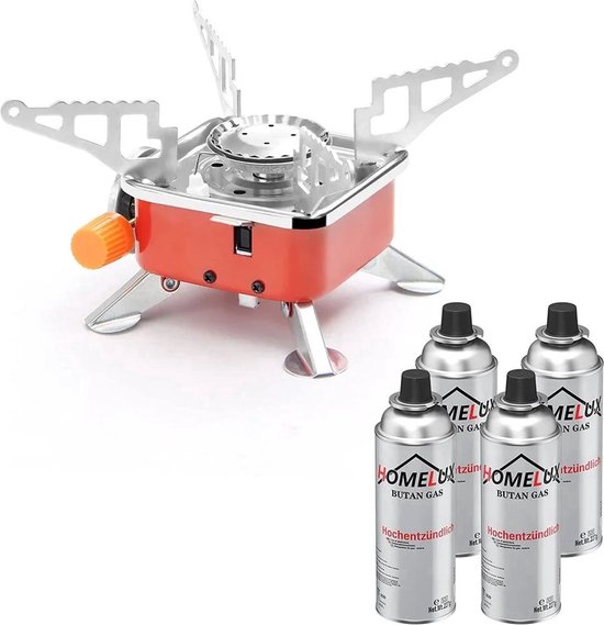 IBBO Shop - Mini Camping kooktoestel - Gasbrander - Opvouwbaar - tent kachel - camping verwarming - Mini Kampeerfornuis - Met Koffer - camping - Inclusief 4 Gasflessen