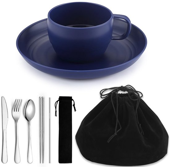 Ibenzoa® Complete Reisbestekset met Borden, Kommen en Koffiemok voor Camping en Outdoor Avonturen