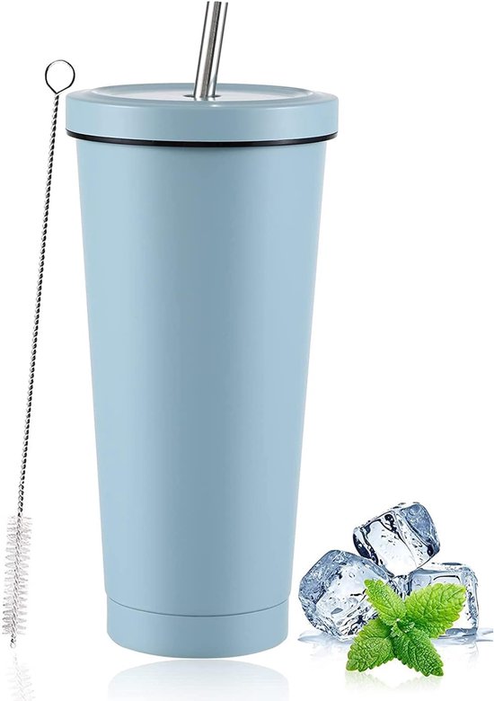 Iced Coffee Cup - Reisbeker Thermos - Drinken Koel Houden - Dubbelwandige Isolatie - 750ml Inhoud - Hemelsblauw