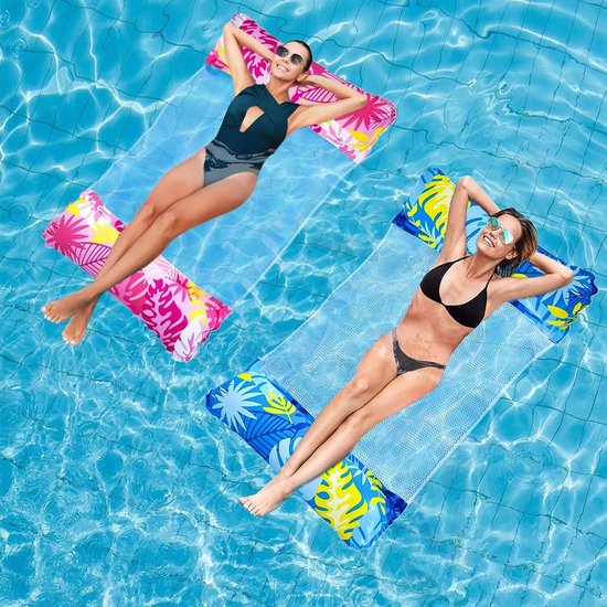 Idota Opblaasbare waterhangmat, 2 stuks, luchtmatras-bed, zwembad, 4-in-1 zwemmat met net, luchtmatras, waterzwembadspeelgoed voor zomer, zwembadfeesten, waterhangmat