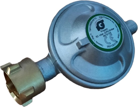 IG 50mbar Gas drukrelaar  voor campinggaz BBQ verwarmings – kook- en grilltoestellen met propaan butaan gasfles - gasdrukregelaar / reduceerventiel 50 mbar - 1,5kg/h – aansluitingen W21,8 x 1/14’’ & G1/4’’ van Merkloos
