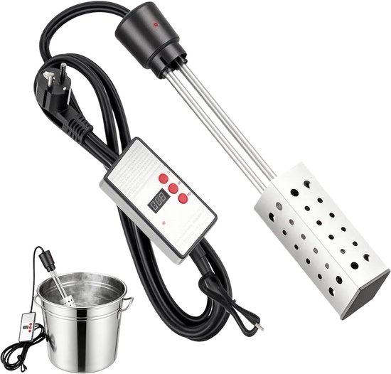 Immersie-boiler - roestvrij staal, 2500 W, elektrische duikverwarming, verwarmingsstaaf, waterkoker met thermostaat, reisdompelaar, warmte-isolerende handgreep, oververhittingsbeveiliging van Merkloos