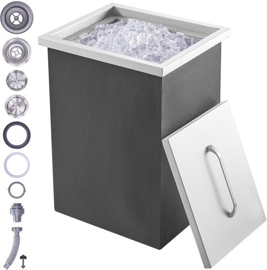 Inbouw Ijsbox, Roestvrijstalen Koeler 25,3l, Ijscontainer 355x305x461 mm met Deksel, Ijsopslag met Afvoer en Plug