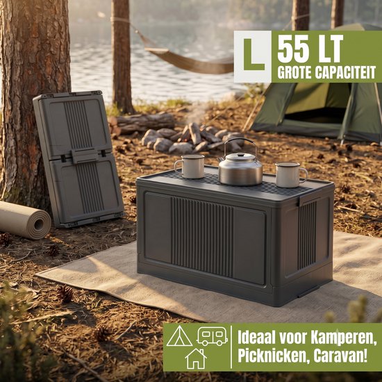 INDECOR Opbergbox 55 Liter met Deksel – Opvouwbare Opbergbox – Stapelbare Opbergkist – Voor Thuis, Garage, Camping & Camper – 56 × 32 × 32 cm - Antraciet