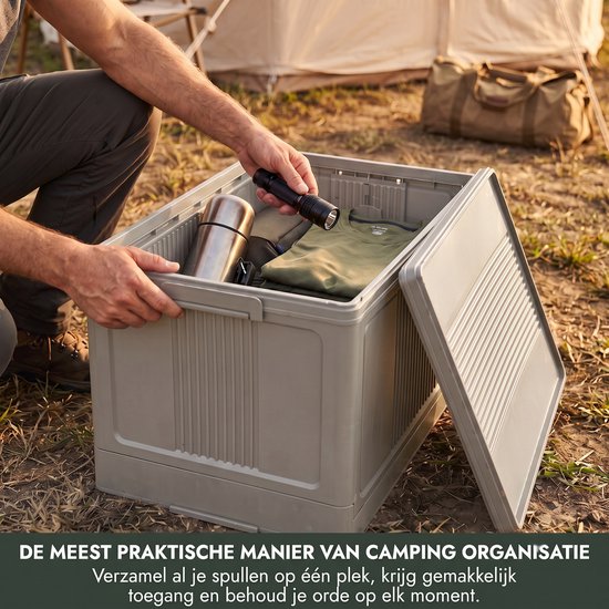 INDECOR Opbergbox 55 Liter met Deksel – Opvouwbare Opbergbox – Stapelbare Opbergkist – Voor Thuis, Garage, Camping & Camper – 56 × 32 × 32 cm – Taupe