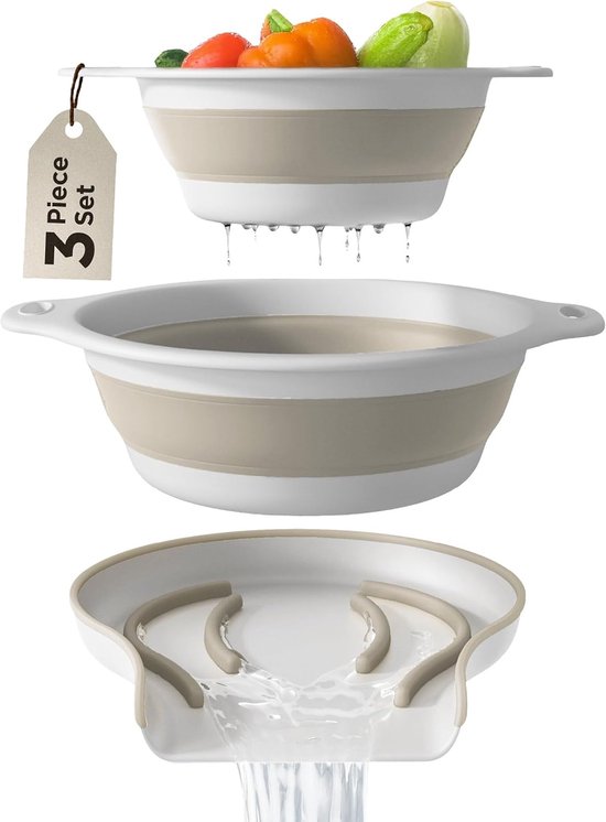 Ineenstortbare vergietmandjes met afvoerbak - Set van 2 - voor pasta, fruit en groenten - 4 en 5 liter - Wit Beige