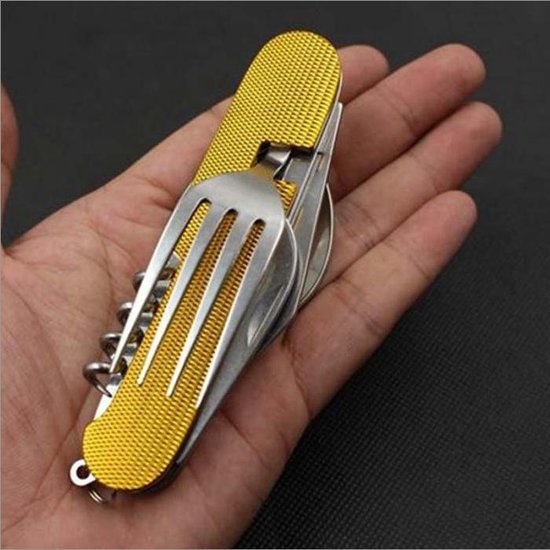 Inklapbaar Survival Bestek + blikopener - Geel - vork / lepel / mes / flesopener - roestvrij staal - camping bestek