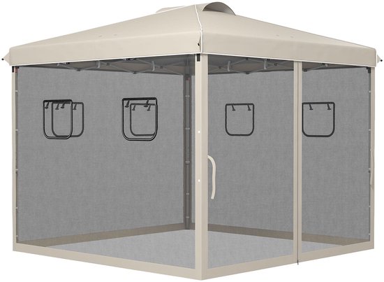 Inklapbaar Tuinpaviljoen – Vouwtent – Tuinkraam – Overkapping – Partytent – Hoogte Verstelbaar – Met Muskietennet – 3x3 Meter Beige van Merkloos