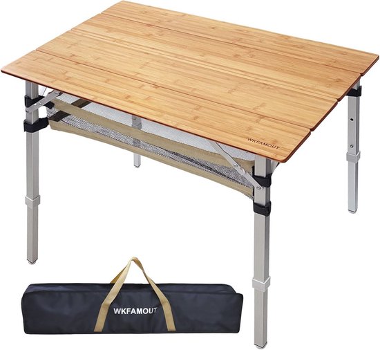 Inklapbare bamboe campingtafel - 100 x 60 cm, hoogte verstelbaar, met 4 opvouwbare aluminium poten voor outdoor activiteiten