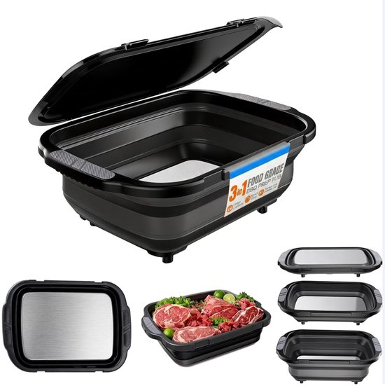 Inklapbare BBQ Prep Tub met Deksel - Snijplank & Marineerbak - Met Afvoerstop - Ruimtebesparend Camping Keukengerei Zwart