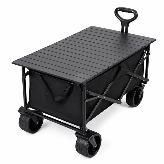 Inklapbare bolderkar 150 liter – Opvouwbare strandkar met tafelblad - Bekerhouders - Verstelbare trekstang en all-terrain wielen – Opvouwbaar - Zwart