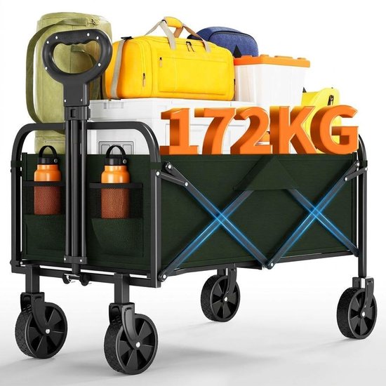 Inklapbare Bolderkar – 220L Laadvolume – 172 kg Draagvermogen – 600D Oxford Stof & Stalen Frame – 5 inch Zwivelwielen – Verstelbare Duwhendel – 73 x 46,5 x 89,5 cm – Opvouwbare Bolderwagen voor Strand, Kamperen & Tuin – Groen