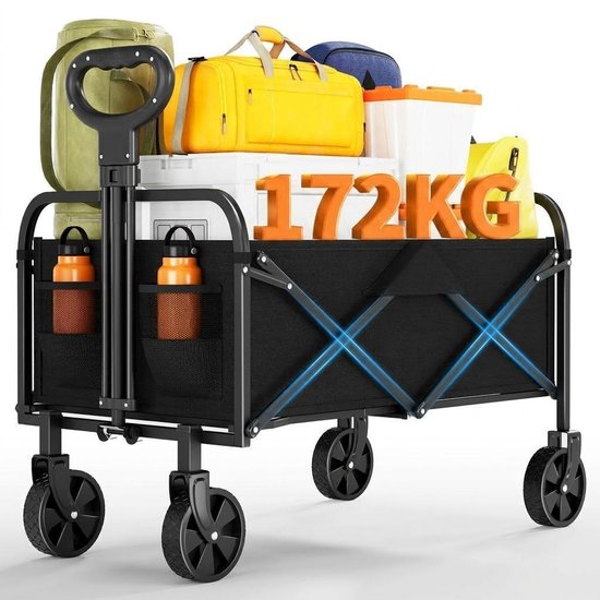Inklapbare Bolderkar – 220L Laadvolume – 172 kg Draagvermogen – 600D Oxford Stof & Stalen Frame – 5 inch Zwivelwielen – Verstelbare Duwhendel – 73 x 46,5 x 89,5 cm – Opvouwbare Bolderwagen voor Strand, Kamperen & Tuin - Zwart