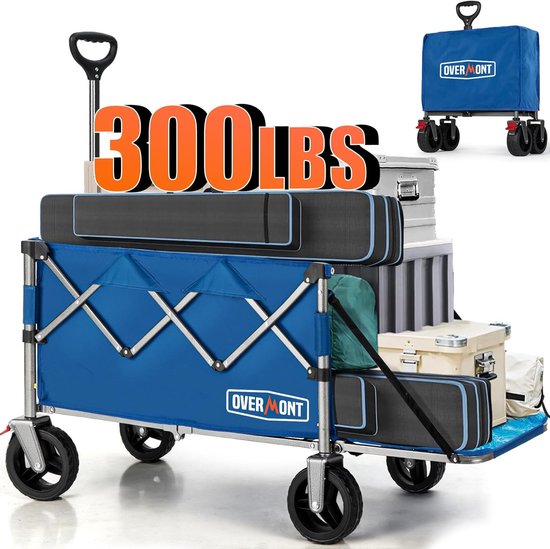 Inklapbare Bolderkar met Opvouwbare Achterklep - 200L Inhoud, Alle Terrenwielen, Bekerhouder, Verstelbare Handgreep, Tot 120 kg Draagkracht - Blauw van Sekey