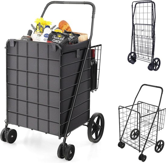 Inklapbare Boodschappentrolley met Afneembare Tas en 2 Manden - Multifunctionele Winkelwagen voor Winkelen en Transport van 4-PLEXIFIER