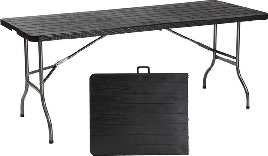 Inklapbare Buffettafel 181 x 755 x 73 cm - Rotan-Look - Campingtafel Partytafel - Klaptafel Tuintafel - Draaggreep - Tuin Balkon Terras - Zwart vouwtafel van $