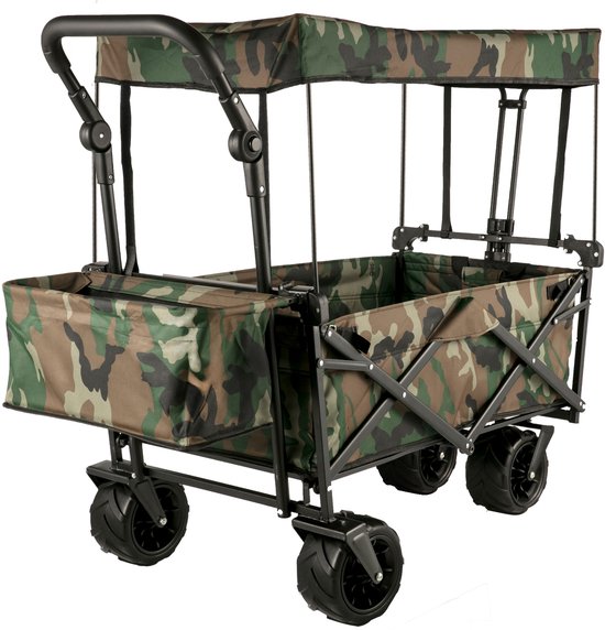 Inklapbare Camouflage Wagentje Met Verwijderbare Luifel, 600D Oxford Stof, Oversize Wielen en Instelbare Handvatten, Draagbaar Vouwbaar Wagentje voor Strand, Tuin en Sport van Merkloos