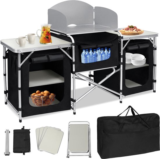 Inklapbare Campingkeuken met Opbergruimte – Campingkast & Kooktafel – Metalen Frame & MDF Blad – Inclusief Draagtas – Voor Camping, Outdoor & Balkon – Type A van Merkloos