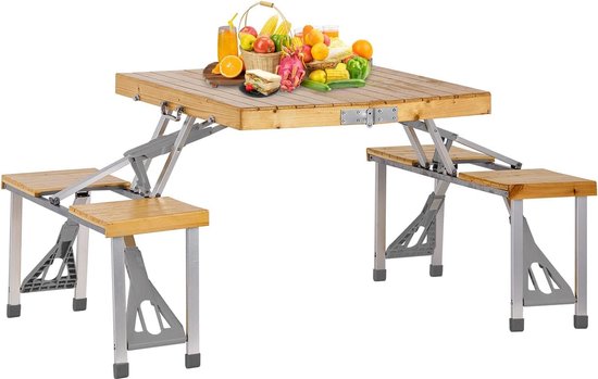 Inklapbare campingtafel met stoelen van hout, aluminium campingset, tafelstoel met 4 zitplaatsen en parasolgat, opvouwbare picknicktafel, draagbare koffertafel voor outdoor, camping, strand, tuin van Merkloos