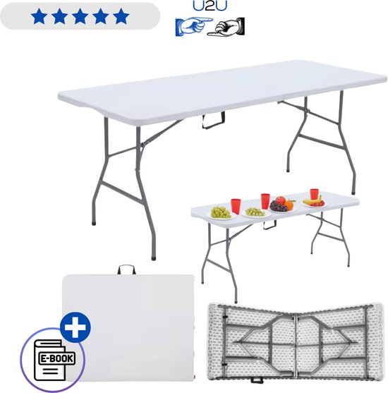 Inklapbare cateringtafel 180x74 cm wit met vergrendeling, stevige opvouwbare buffettafel met handvat, HDPE tafelblad 3,5 cm en stalen frame, lichtgewicht draagbaar voor feest event tuin barbecue en binnen buiten gebruik Met Ebook van Merkloos
