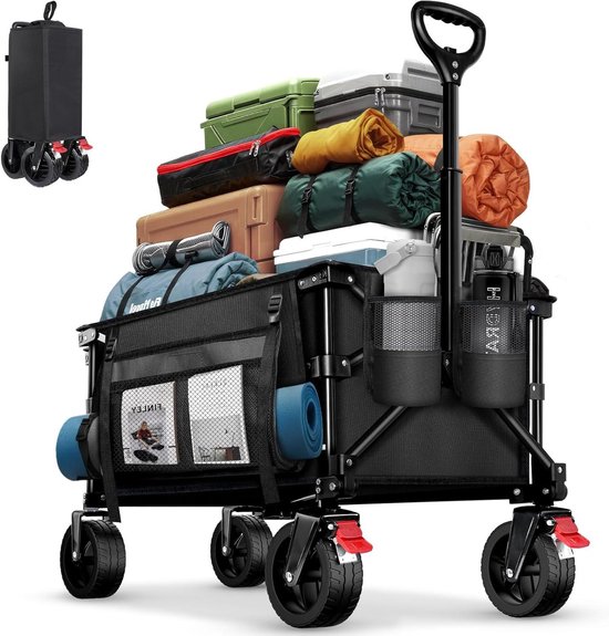 Inklapbare Handwagen - Vouwbare Kar - Outdoor Avonturen - Grote All-Terrain Wielen - 130L Capaciteit - Zwart