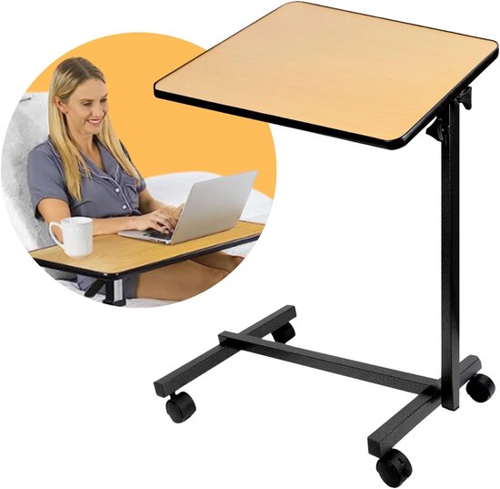 Inklapbare Houten Bijzettafel met Wieltjes - Verstelbaar en Kantelbaar voor Bank, Bed en Rolstoel