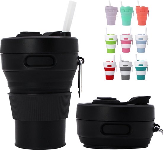 inklapbare koffiebeker met deksels, 450ml/15oz zwart siliconen draagbare herbruikbare koffiemok, opvouwbare koffiebeker voor kamperen en reizen past in je zak (klapt samen tot 6 cm)