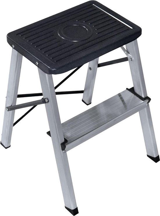 Inklapbare kruk met antislip treden - Kleine ladder met 2 treden - Maximaal gewicht 150 kg - Aluminium van Toolland