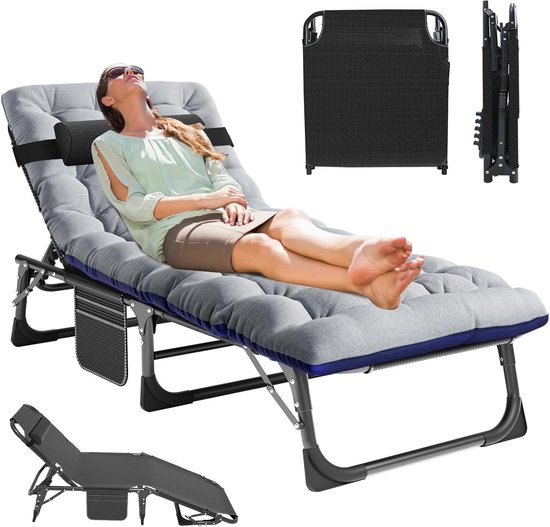 Inklapbare Ligstoel - Tuinstoel Lounger - Ontspannen Buiten - 5 Standen Verstelbaar - 191 cm Lang - Zwart Grijs