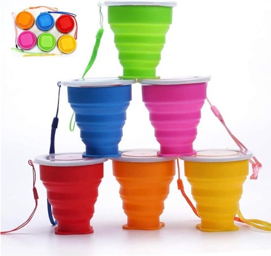 Inklapbare reisbeker 6 oz - veelkleurig - siliconen - opvouwbaar - drinkmok met deksel - multifunctioneel - intrekbaar - beker - voor wandelen - kamperen - picknick. van Lifeball