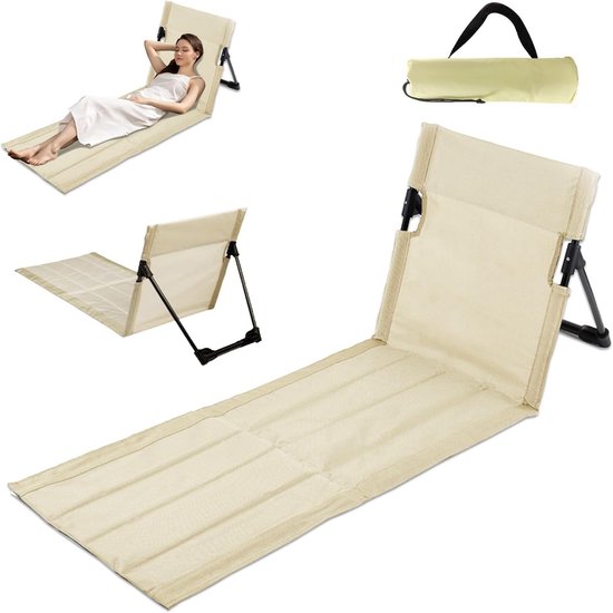 Inklapbare strandstoel met rugleuning en zitkussen - Ideaal voor strand, camping en picknick, beige kleur
