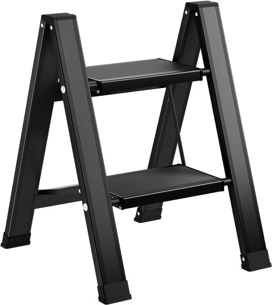 Inklapbare trapladder 2 treden aluminium anti-slip draagbare vouwladder - opvouwbaar huishoudelijk opstap - lichte staande ladder tot 150 kg zwart van HUZONY