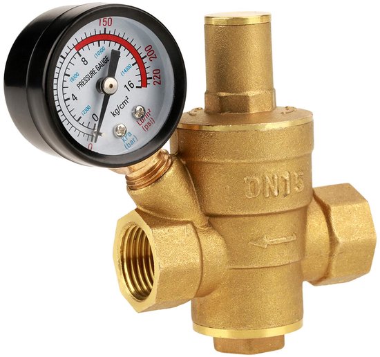 Inovra- Drukregelaar Messing - Instelbare Waterdrukregelaar - Zuigerstructuur - Drukmeter 1,6 MPa - Eenvoudig te Installeren - Lange Levensduur - Waterdrukventiel