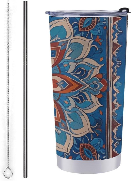 Insulated Cup with Lid and Straw, Stainless Steel Travel Mug, Large Blue Mandala Coffee Cup, Double Wall Travel Mug, Reusable Car Cup for Women and Men