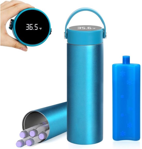 Insuline Koeltas - Diabetes Koeltas 3-5 Pennen 24 uur - Om Medicijnen Koud Te Houden - met Temperatuur °C/°F Display - Draagbare Diabetische Pen Koeler Reiskoffer met Ijspak - voor Dagelijks Gebruik en Reizen - Blauw