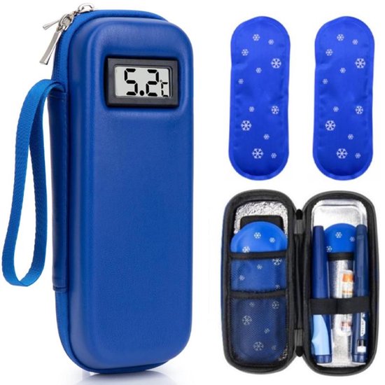 Insuline Koeltas - Diabetes Koeltas met 2 Ijspacks - Om Medicijnen Koud Te Houden - met Thermometer en Temperatuurweergave (Celsius) - Draagbare Koeltas - voor Dagelijks Gebruik en Reizen - Isolerende Insuline Etui voor op Reis - Blauw