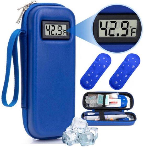 Insuline Koeltas - Diabetes Koeltas met 2 Ijspacks - Om Medicijnen Koud Te Houden - met Thermometer en Temperatuurweergave - Draagbare Koeltas - voor Dagelijks Gebruik en Reizen - Isolerende Insuline Etui voor op Reis - Blauw van Merkloos