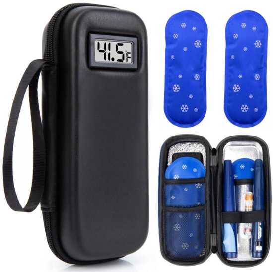 Insuline Koeltas - Diabetes Koeltas met 2 Ijspacks - Om Medicijnen Koud Te Houden - met Thermometer en Temperatuurweergave - Draagbare Koeltas - voor Dagelijks Gebruik en Reizen - Isolerende Insuline Etui voor op Reis - Zwart van Merkloos