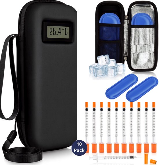 Insuline koeltas incl. 10 insuline spuiten, 2 icepacks en temperatuurdisplay - diabetes tas - Insulinespuit - medische etui - koeltasje voor op reis - waterafstotend 21,5 x 9 x 5,8 cm