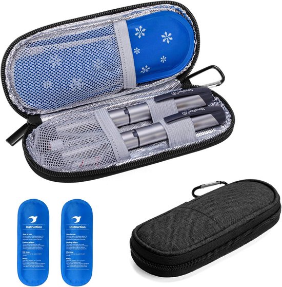 Insuline koeltas incl. 2 icepacks - Diabetes tas voor insulinepennen - Medische etui - Isolerende koeltasje voor onderweg - 19 x 8 x 3 cm - Diabetici - Hardcase - Suiker - Medicijnen - Zwart van Merkloos