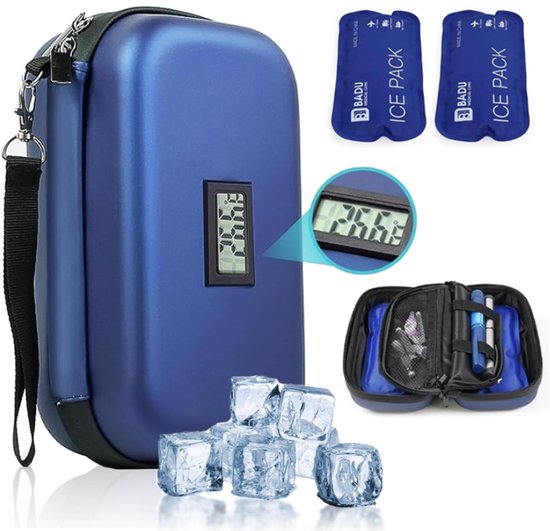 Insuline Koeltas inclusief 2 icepacks - Diabetes koeltas - Insuline Gekoelde Reisdoos - met Thermometer en Temperatuurweergave - Koeltasje voor op reis - hardcase 20.5 x 12 x 8.5cm - Draagbare Koeltas - voor Dagelijks Gebruik en Reizen - Blauw van Merkloos