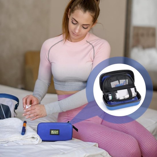Insuline Koeltas inclusief 2 icepacks - Diabetes koeltas - Insuline Gekoelde Reisdoos - met Thermometer en Temperatuurweergave - Koeltasje voor op reis - hardcase 21 x 11 x 8 cm - Draagbare Koeltas - voor Dagelijks Gebruik en Reizen - Blauw van Merkloos