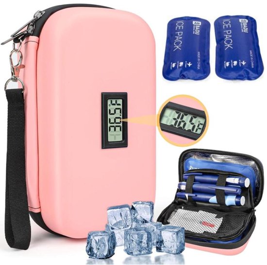 Insuline Koeltas inclusief 2 icepacks - Diabetes koeltas - Insuline Gekoelde Reisdoos - met Thermometer en Temperatuurweergave - Koeltasje voor op reis - hardcase 21 x 11 x 8 cm - Draagbare Koeltas - voor Dagelijks Gebruik en Reizen - Roze van Merkloos