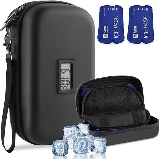 Insuline Koeltas inclusief 2 icepacks - Diabetes koeltas - Insuline Gekoelde Reisdoos - met Thermometer en Temperatuurweergave - Koeltasje voor op reis - hardcase 21 x 11 x 8 cm - Draagbare Koeltas - voor Dagelijks Gebruik en Reizen - Zwart van Merkloos