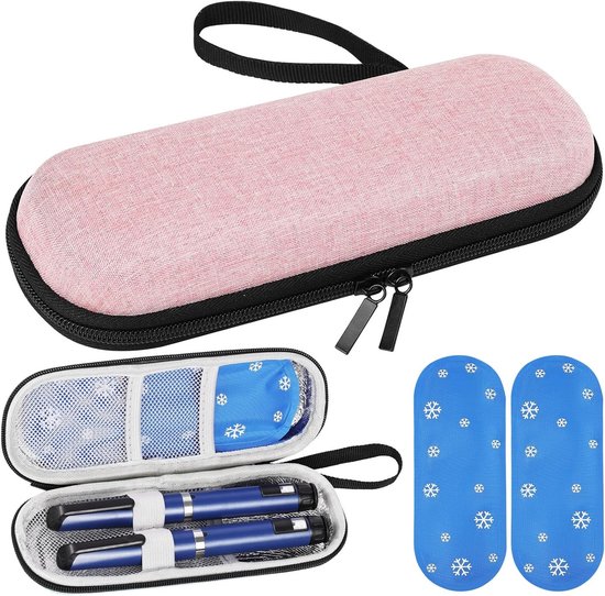 Insuline koeltas - Insuline Koeltas met 2 Ice Packs - Diabetes koeltas - Koelbox - Insuline gekoelde harde koffer- Koeltasje voor op reis - Insulinepennen koeltas - Draagbare Insuline Etui - Waterdicht en temperatuurisolerend - Roze
