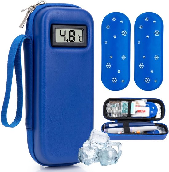 Insuline Koeltas met 2 Koelelementen - Met °C Temperatuurweergave - Diabetes Koeltas - Insulinepennen koeltas - Diabetische Reistas - Insuline Etui - Koelbox - Koeltasje Voor Op Reis - Koeltas voor Insulinespuit - Koelt Medicatie 6-8 uur lang - Blauw